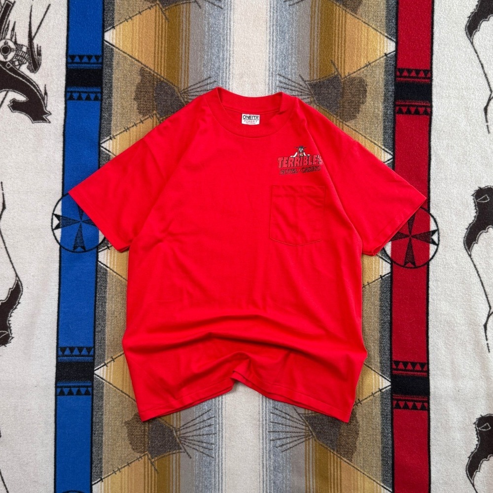 Vintage Oneita Terrible's Hotel Casino Las Vegas Pocket T-Shirt Red Mens Medium
